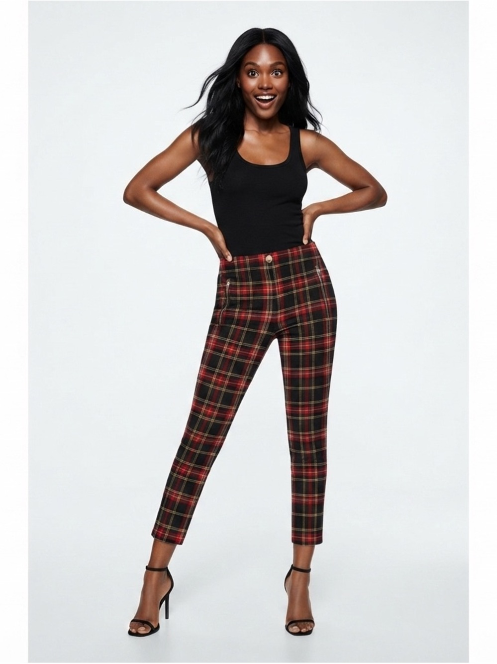 Zara Red And Black Plaid Cropped Pants Size S